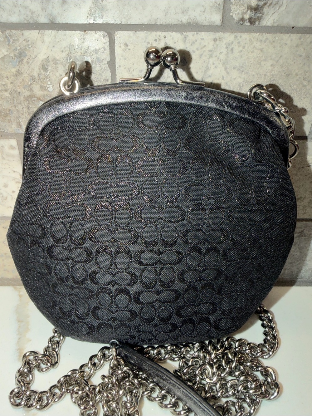Coach Vintage Optic Lurex Black Mini Kiss-Lock Crossbody with Silver Chain